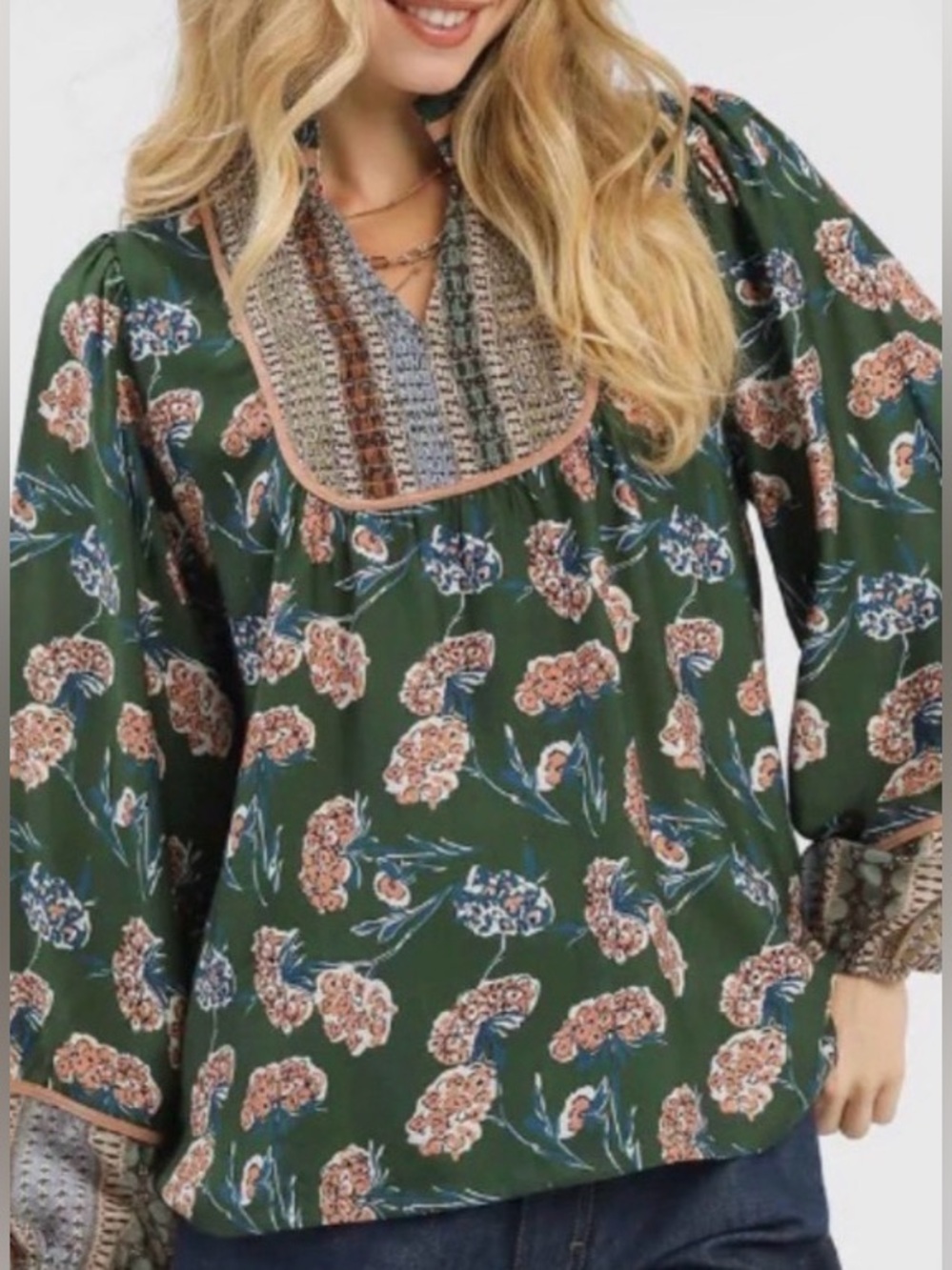 Umgee Bloom Print/Dark Palm Green  Long Sleeve Floral Peasant Top: Small